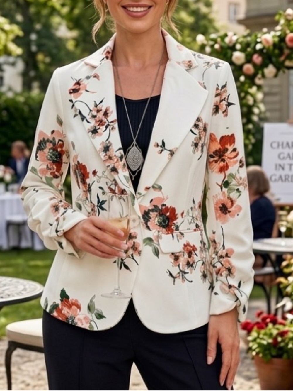White Floral Blazer Chic Tailored Statement Jacket Workwear Style